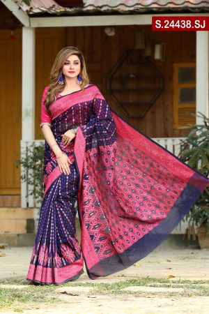 Blue and Magenta color  Mixed Silk Jamdani Sharee. Include Running Blouse Piece Available.