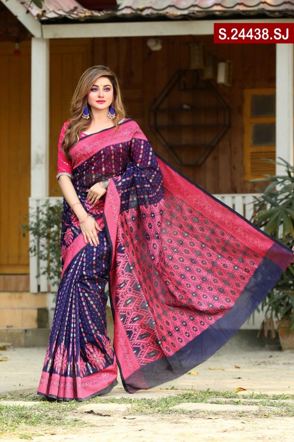 Blue and Magenta color  Mixed Silk Jamdani Sharee. Include Running Blouse Piece Available.