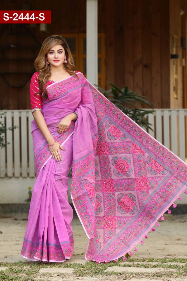 Embroidered And Screen Printed Silk Sharee. Include Running Blouse Piece Available.