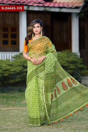 Embroidered And Screen Printed Half Silk Sharee. Include Running Blouse Piece Available.