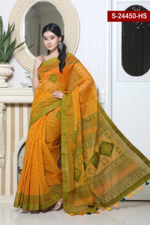Embroidered Screen Printed Half Silk Sharee. Include Running Blouse Piece Available.