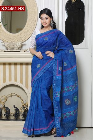 Embroidered And Screen Printed Half Silk Sharee. Include Running Blouse Piece Available.