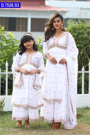 Aesthetic Embroidered Design Baby And Women Matching Silk Shalwar Kameez Set