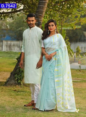 Aesthetic Design Half Silk Sharee And Embroidered Cotton Panjabi