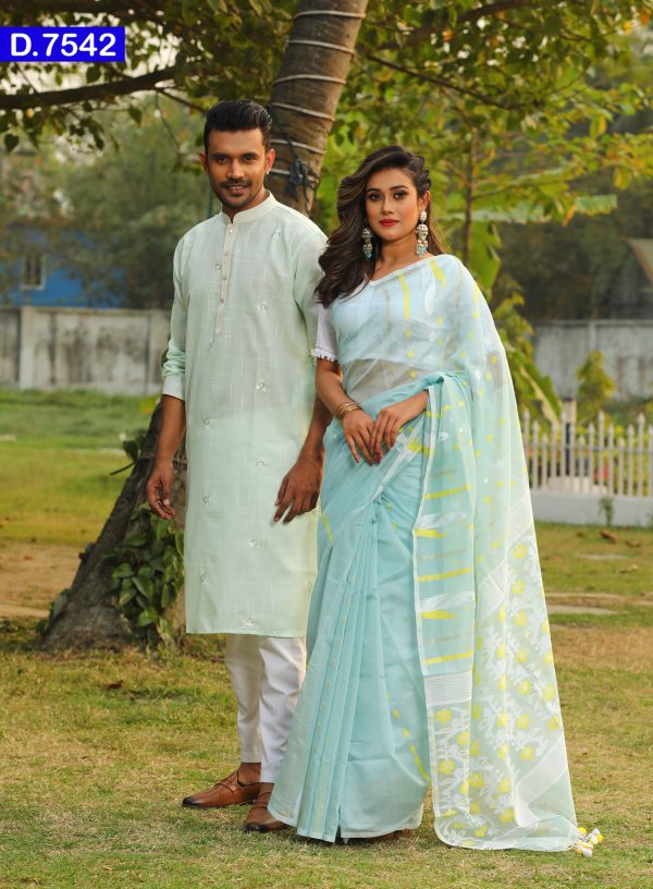 Aesthetic Design Half Silk Sharee And Embroidered Cotton Panjabi