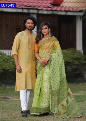 Screen Printed Embroidered Half Silk Sharee And Katan Silk Panjabi