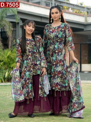Aesthetic Design Printed Baby And Women Georgette Shalwar Kameez Set