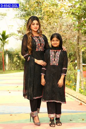 Aesthetic Embroidered Design Baby And Women Matching Georgette Shalwar Kameez Set