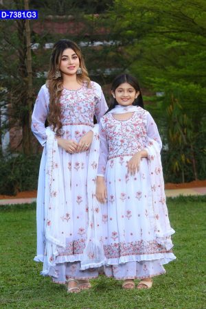 Aesthetic Embroidered Design Baby And Women Matching Georgette Shalwar Kameez Set