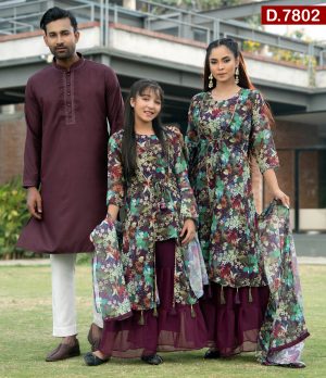 Aesthetic Printed Design Georgette Shalwar Kameez Set With Embroidered Cotton Panjabi