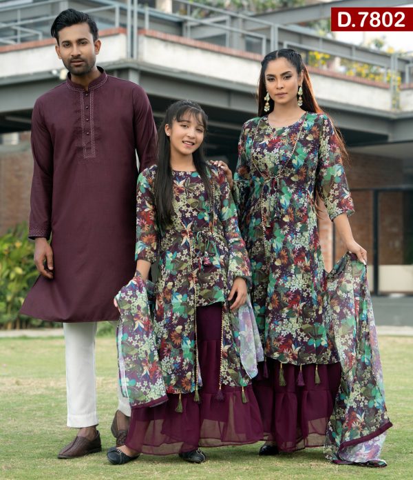 Aesthetic Printed Design Georgette Shalwar Kameez Set With Embroidered Cotton Panjabi