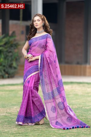 Exclusive Embroidered And Screen Printed Half Silk Sharee. Include Running Blouse Piece Available.