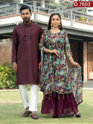 Aesthetic Design Embroidered Georgette Shalwar Kameez And Cotton Panjabi