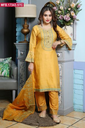 Embroidered Stitched Silk Shalwar Kameez