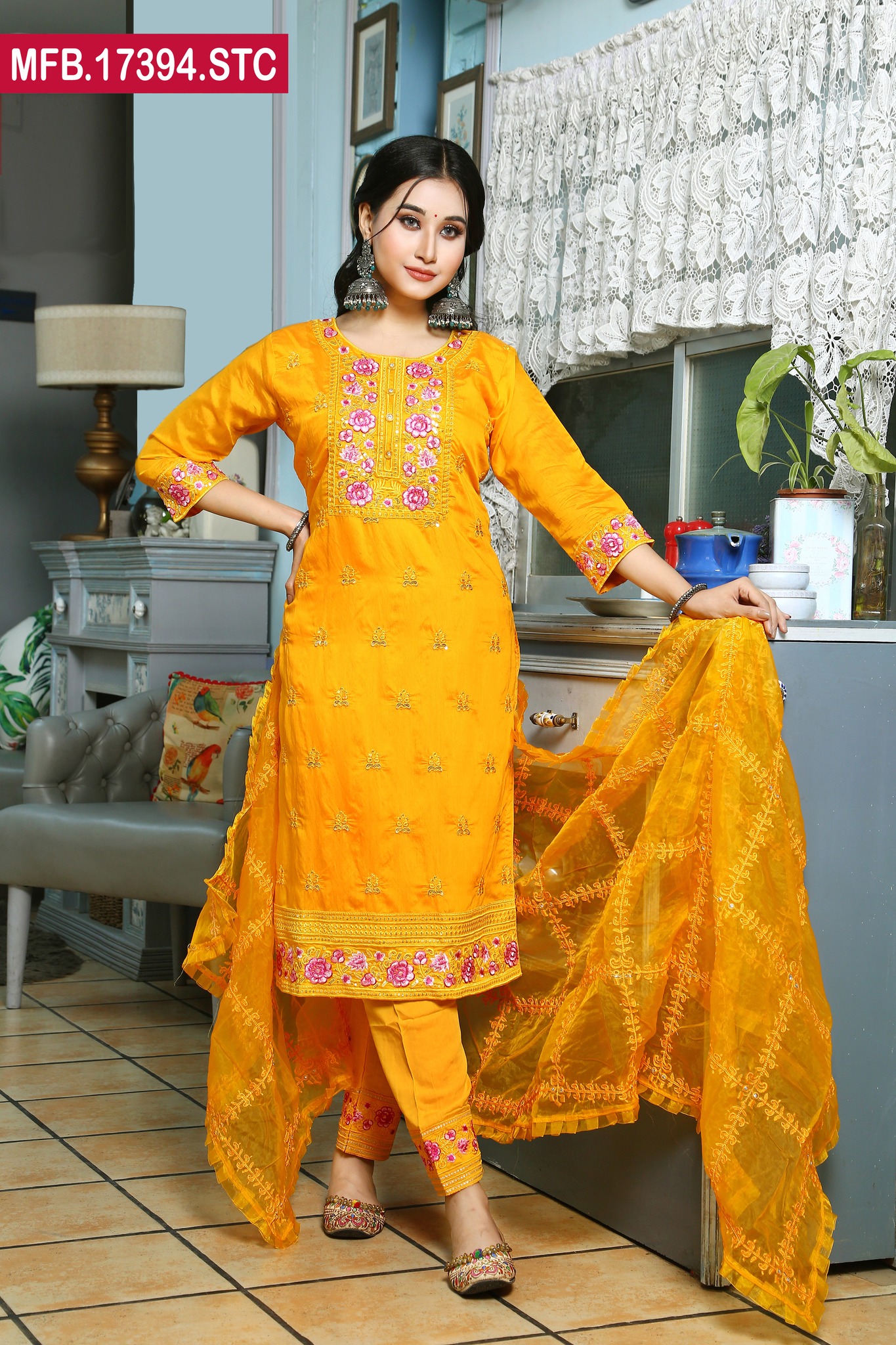 Embroidered Stitched Silk Shalwar Kameez