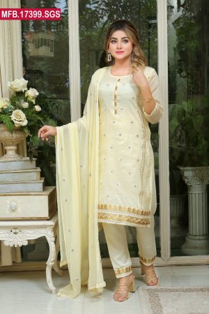 Embroidered Stitched Silk Shalwar Kameez