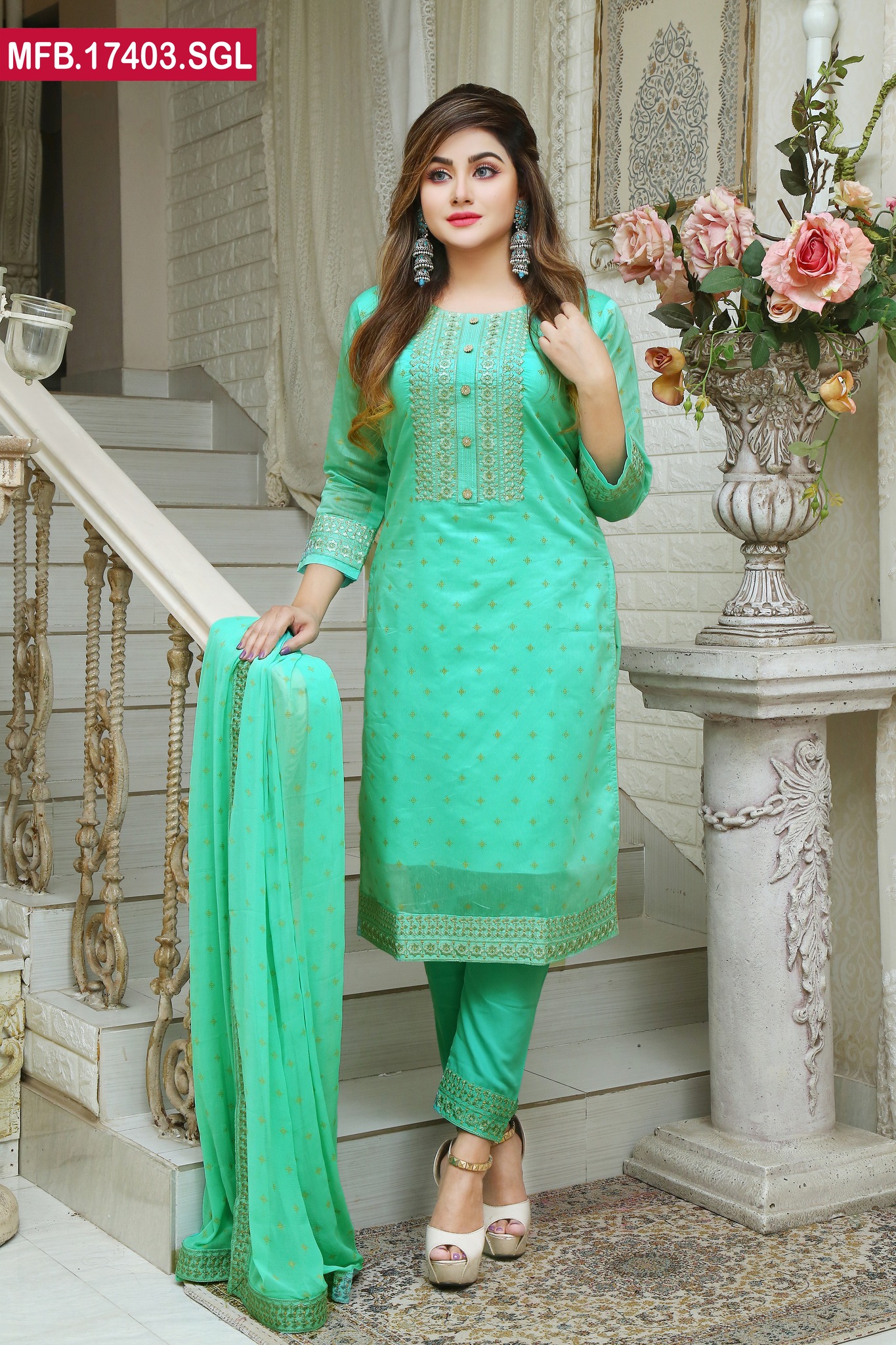 Embroidered Stitched Silk Shalwar Kameez