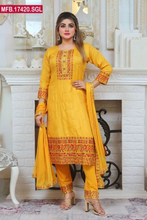 Embroidered Stitched Silk Shalwar Kameez