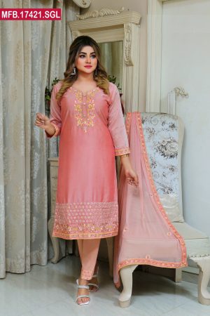 Embroidered Stitched Silk Shalwar Kameez