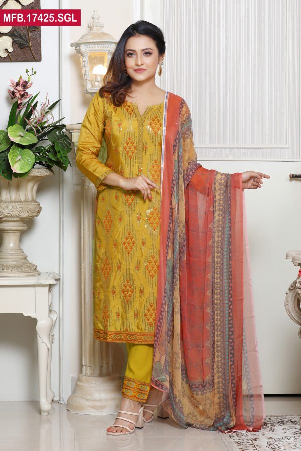 Embroidered Stitched Silk Shalwar Kameez