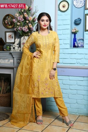 Embroidered Stitched Silk Shalwar Kameez