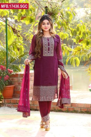 Embroidered Stitched Silk Shalwar Kameez