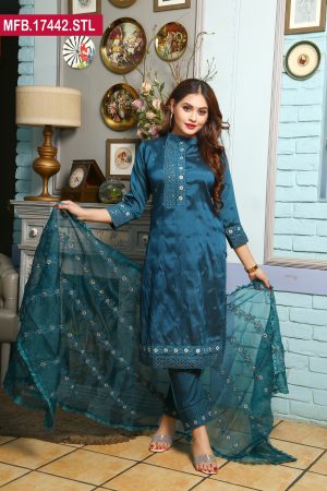 Embroidered Stitched Silk Shalwar Kameez