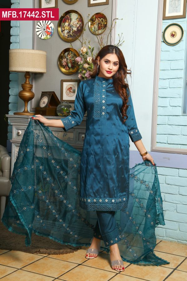 Embroidered Stitched Silk Shalwar Kameez
