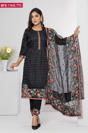 Embroidered Stitched Silk Shalwar Kameez