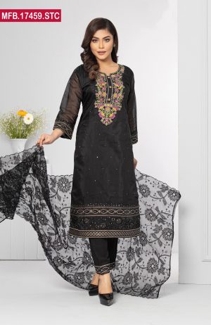 Black color Embroidered Stitched Silk Shalwar Kameez