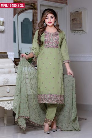 Embroidered Stitched Silk Shalwar Kameez