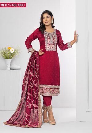 Embroidered Stitched Silk Shalwar Kameez