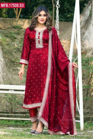Embroidered Stitched Silk Shalwar Kameez