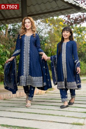 Aesthetic Design Embroidered Baby And Women Silk Shalwar Kameez Set