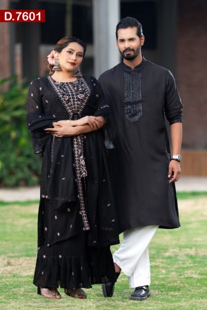 Aesthetic Design Embroidered Georgette Shalwar Kameez And Cotton Panjabi