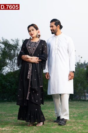 Aesthetic Design Embroidered Georgette Shalwar Kameez And Cotton Panjabi