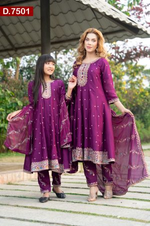 Aesthetic Design Embroidered Baby And Women Silk Shalwar Kameez Set