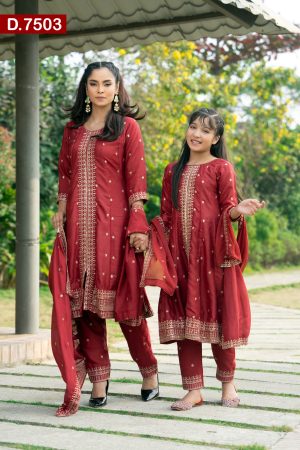 Aesthetic Design Embroidered Baby And Women Silk Shalwar Kameez Set