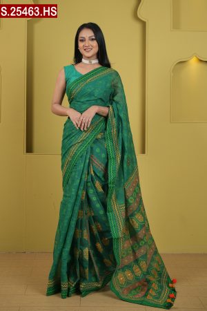 Embroidered Screen Printed Half Silk Sharee. Include Running Blouse Piece Available.