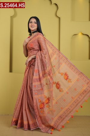 Embroidered Screen Printed Half Silk Sharee. Include Running Blouse Piece Available.