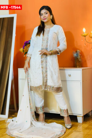 Sherwani-Cut Embroidered White Three-Piece Set