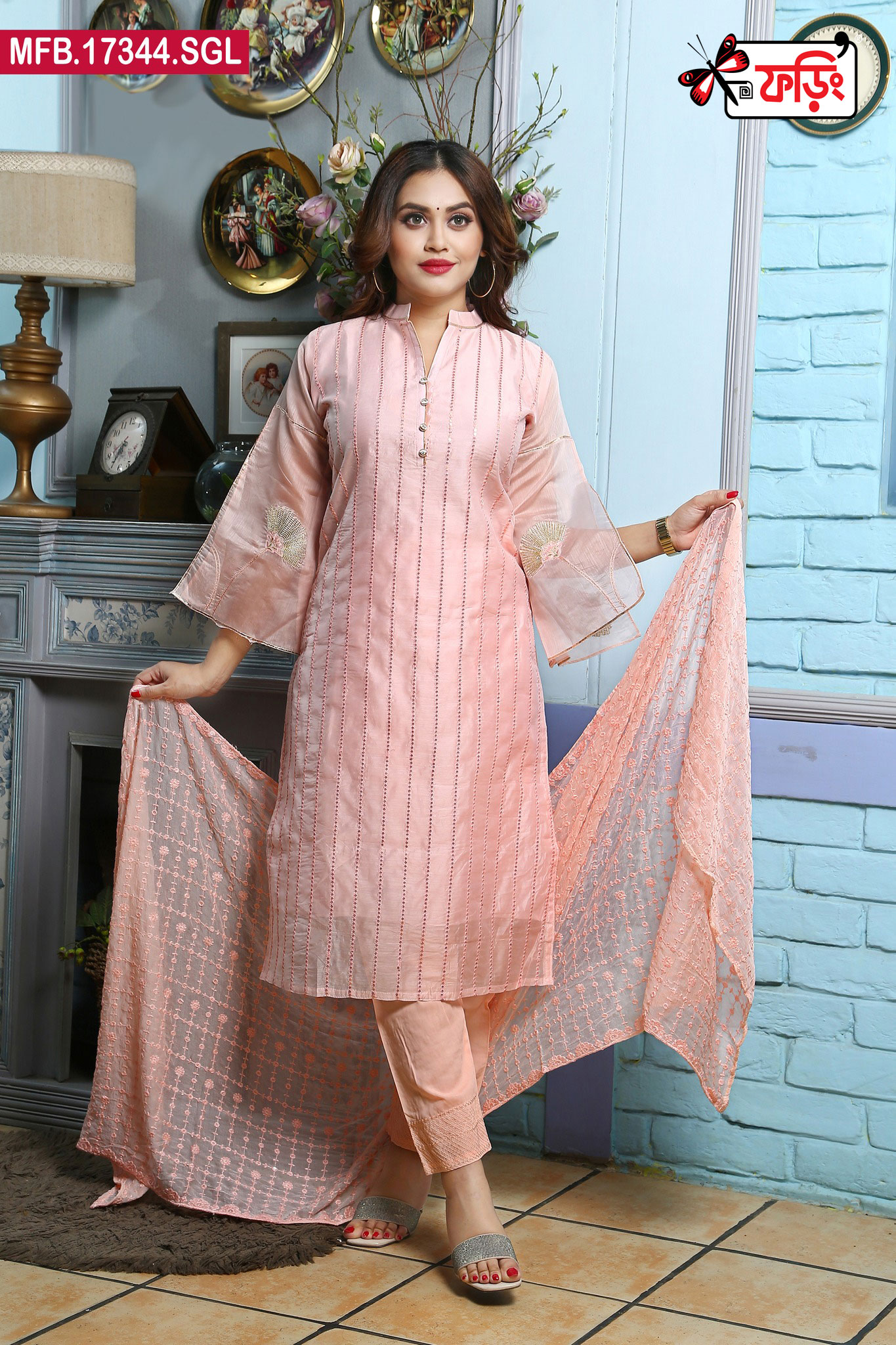 MFB-17344-SGL-3640 Luxury Women’s Imported Silk Fabric with Embroidered Stitched Shalwar Kameez Set - Image 1