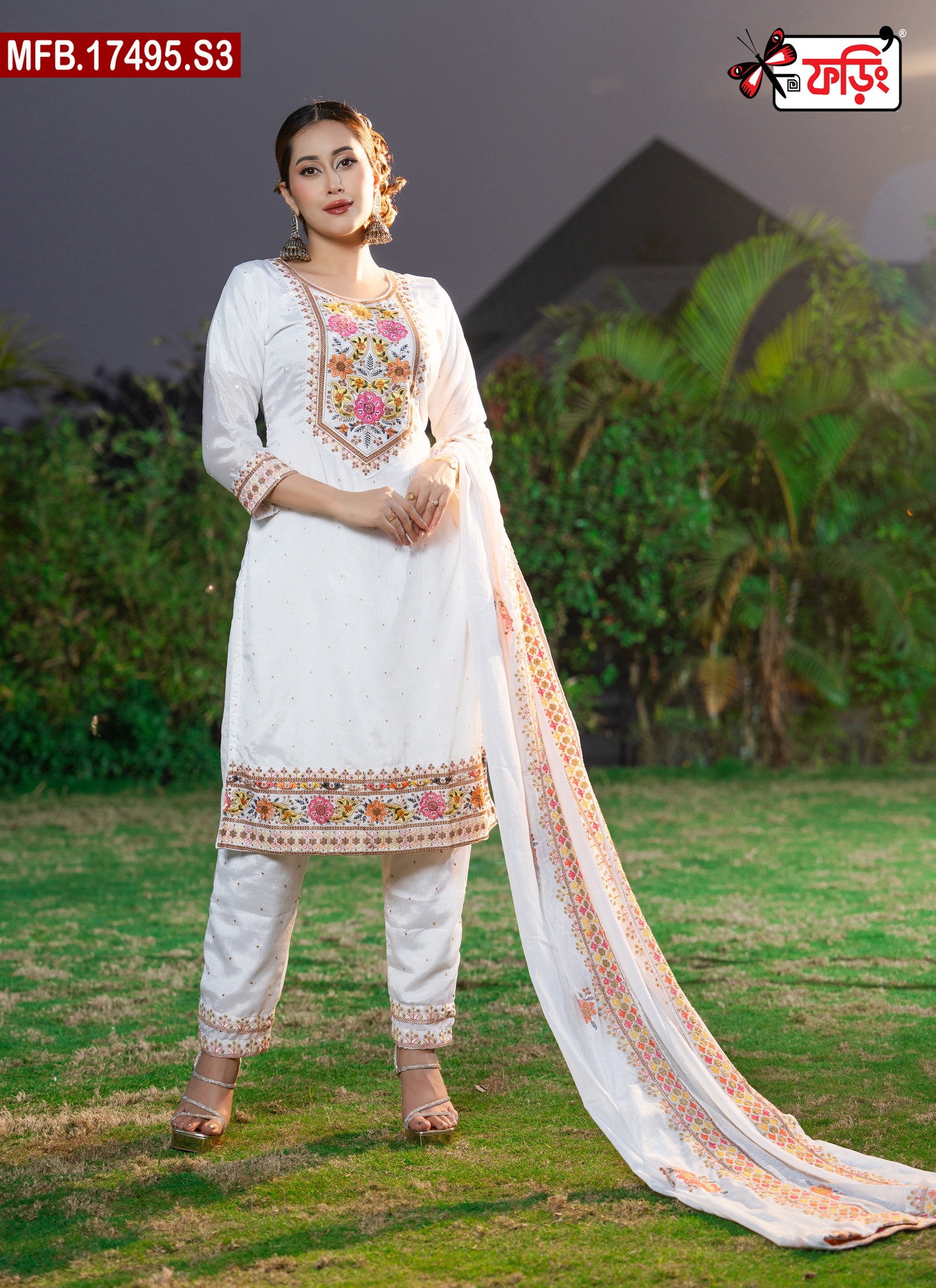 MFB-17495-S3-4000tk Luxury Women’s Imported Silk Fabric with Embroidered Stitched Shalwar Kameez Set - Image 1