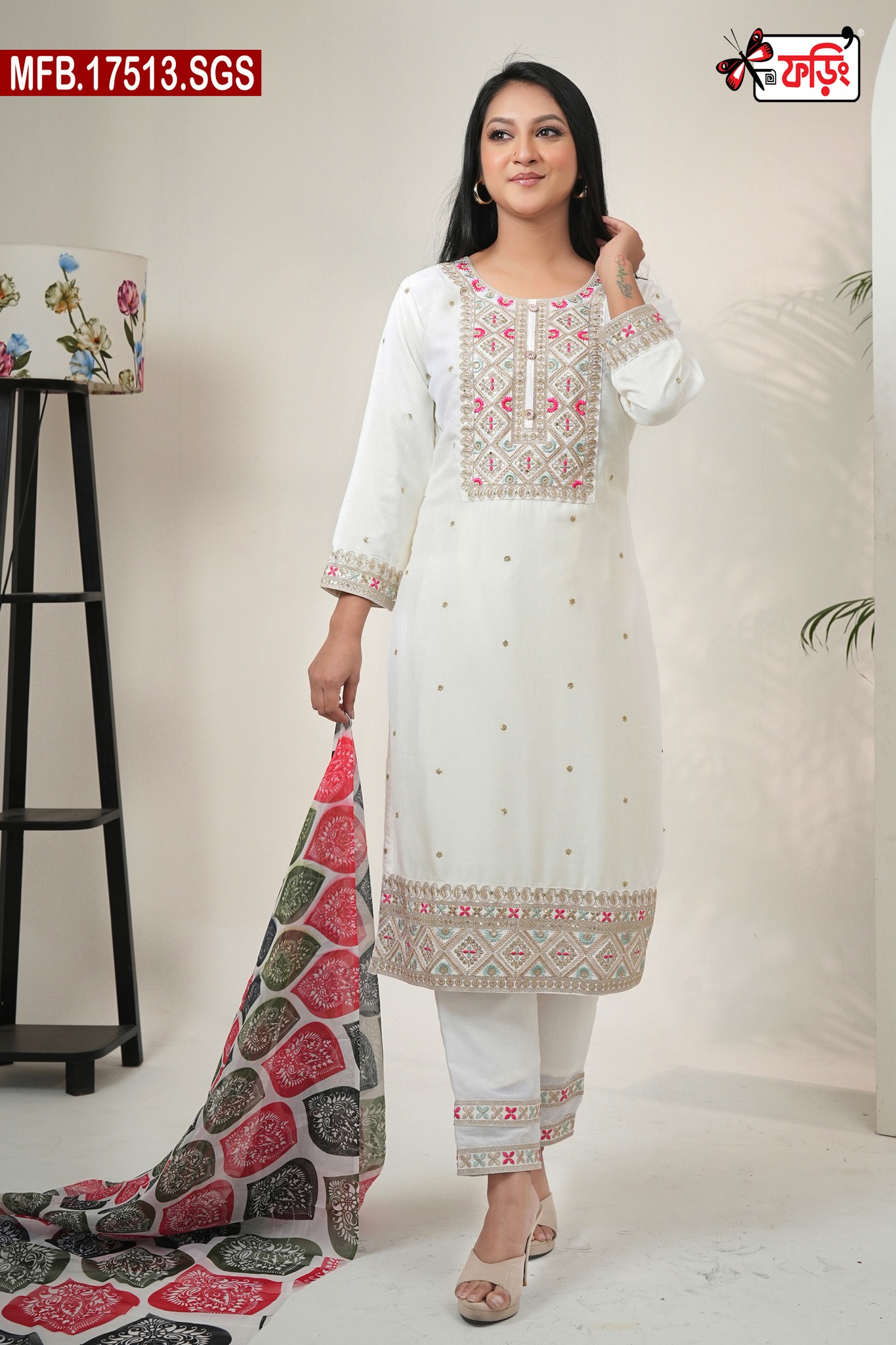 MFB-17513-SGS-3800TK Luxury Women’s Imported Silk Fabric with Embroidered Stitched Shalwar Kameez Set - Image 1