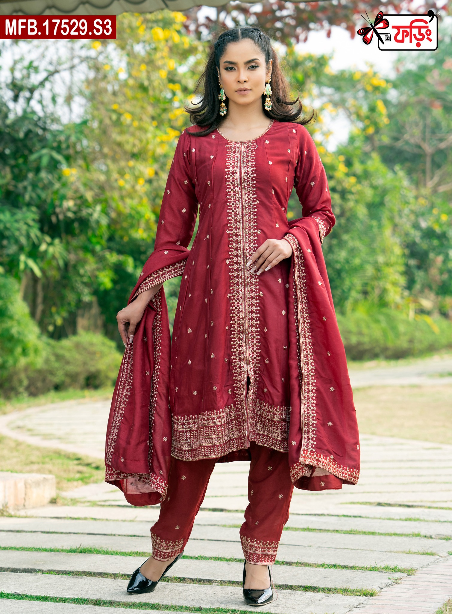 MFB-17529-S3-3800tk Luxury Women’s Imported Silk Fabric with Embroidered Stitched Shalwar Kameez Set - Image 1