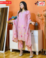 Artistic Embroidered Design Luxury Women’s Imported Silk Fabric Stitched Shalwar Kameez Set - Image 3