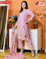 Artistic Embroidered Design Luxury Women’s Imported Silk Fabric Stitched Shalwar Kameez Set - Image 4