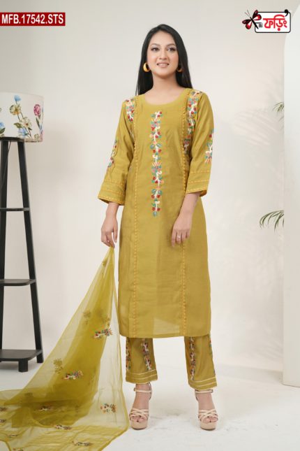 Luxury Women’s Imported Silk Fabric with Embroidered Stitched Shalwar Kameez Set