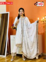 Artistic Embroidered Design Luxury Women’s Imported Silk Fabric Stitched Shalwar Kameez Set - Image 3