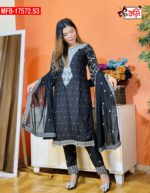 Artistic Embroidered Design Luxury Women’s Imported Silk Fabric Stitched Shalwar Kameez Set - Image 4